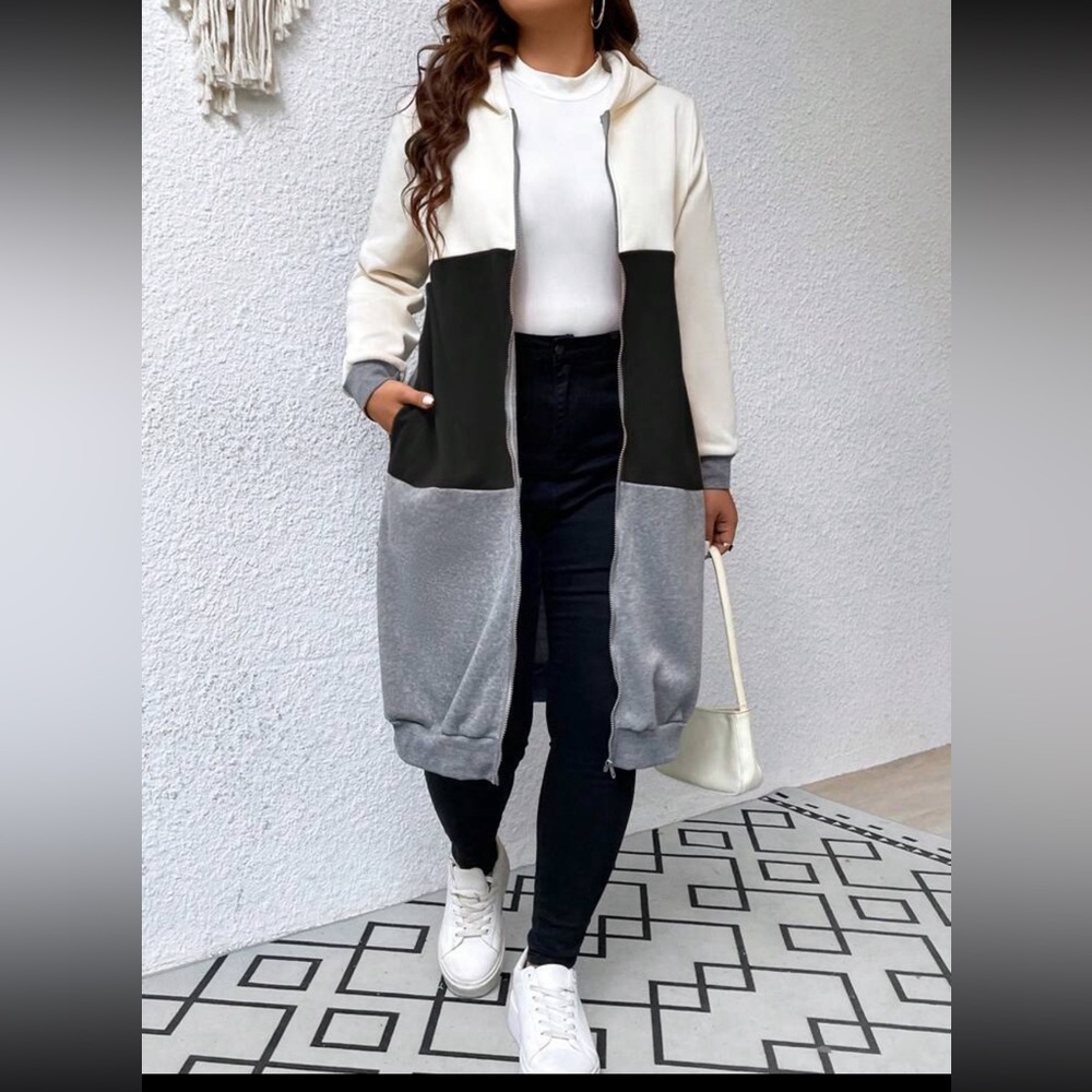Cute plus size color block zip up hoodie